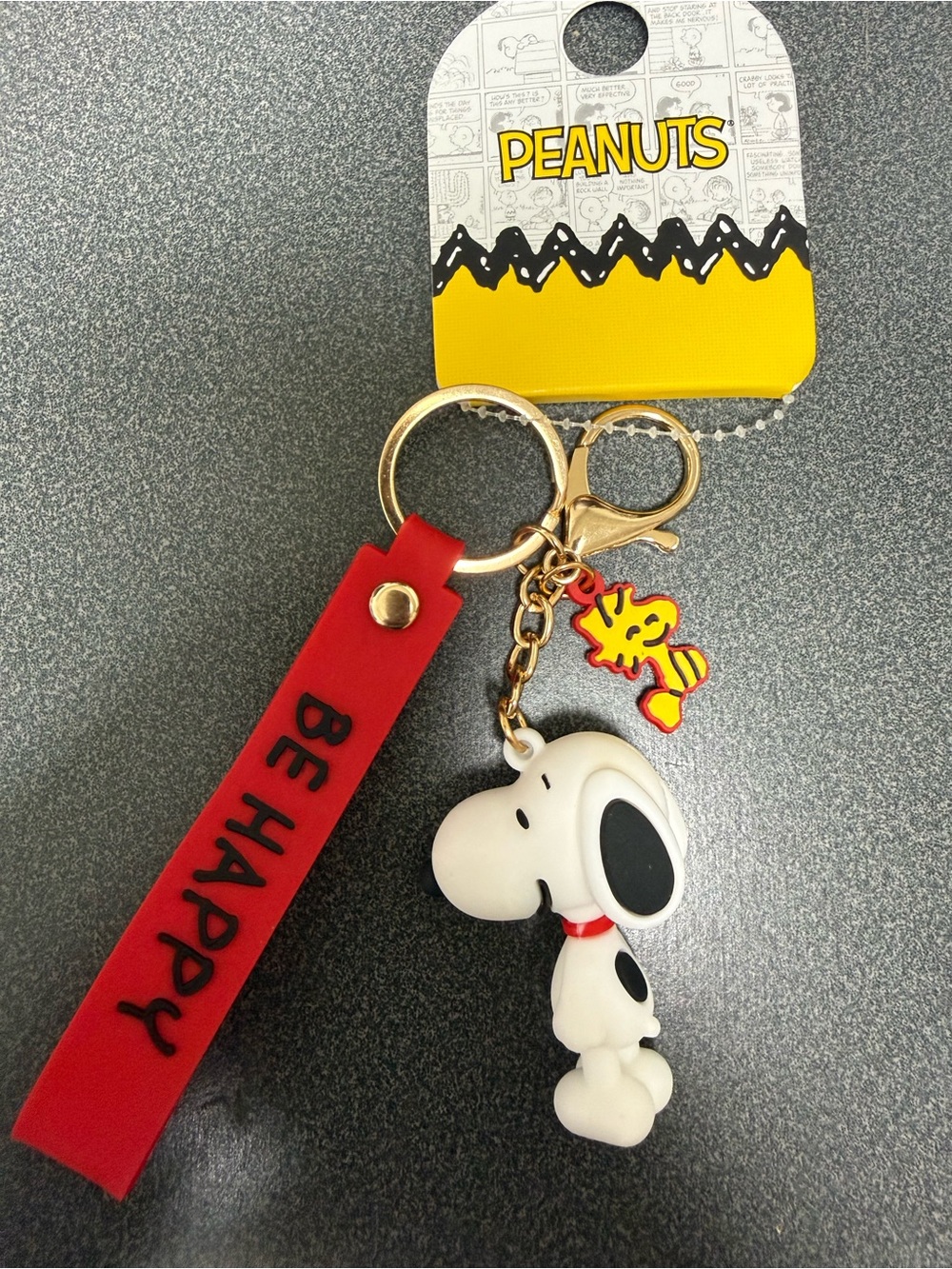 Peanuts Red 'Be Happy' Strap Keychain with Snoopy & Woodstock